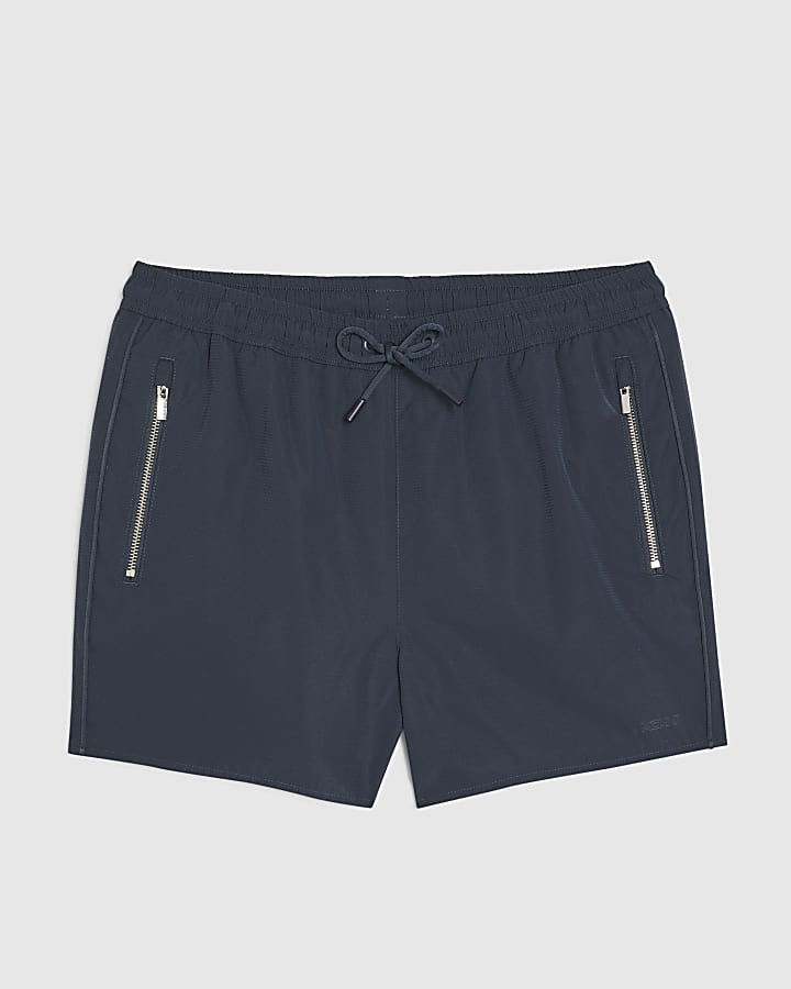 Navy Short Length Piped Swim Shorts