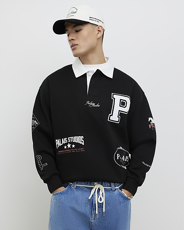 Black Oversized Fit Palais Badge Polo Shirt
