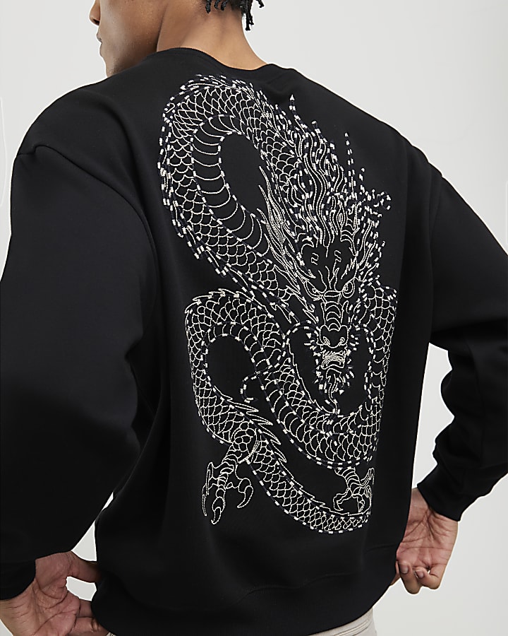 Black Oversized Fit Tokyo Dragon Sweatshirt
