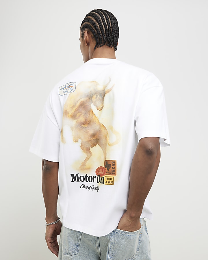 White Oversized Fit Motor Oil Bull T-Shirt