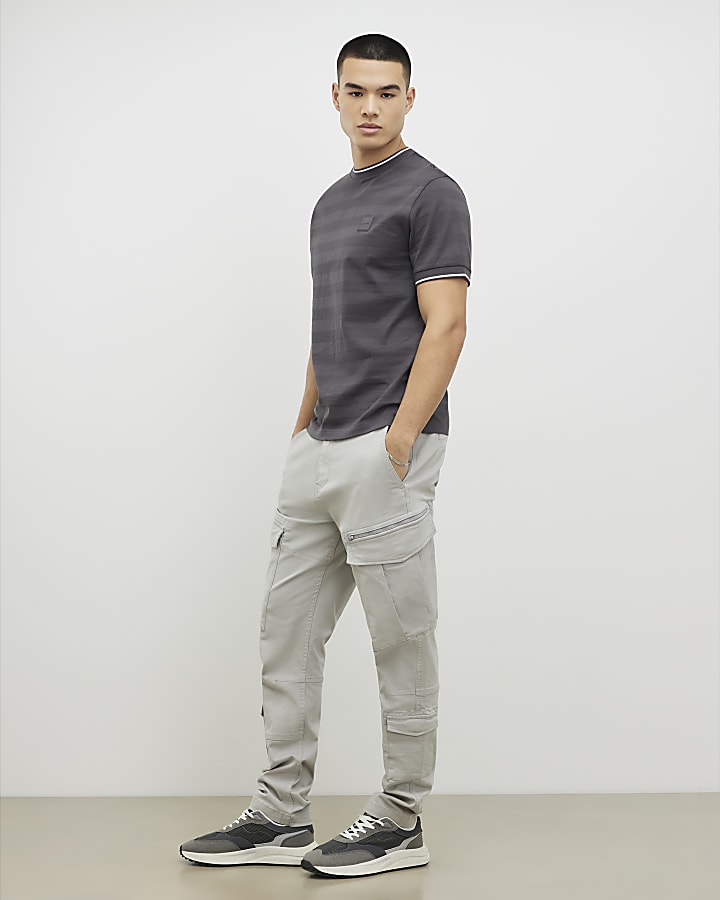 Grey Slim Fit Luminis Badge Stripe T-Shirt