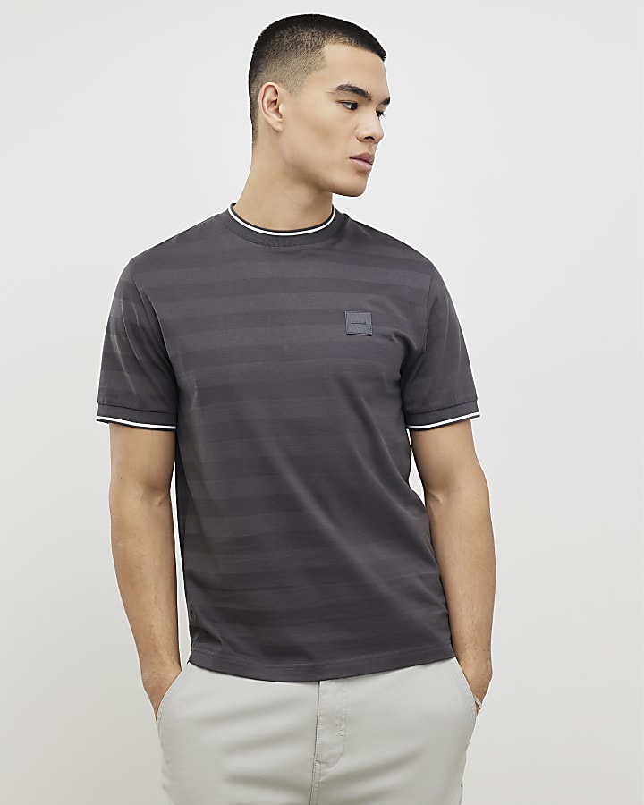 Grey Slim Fit Luminis Badge Stripe T-Shirt