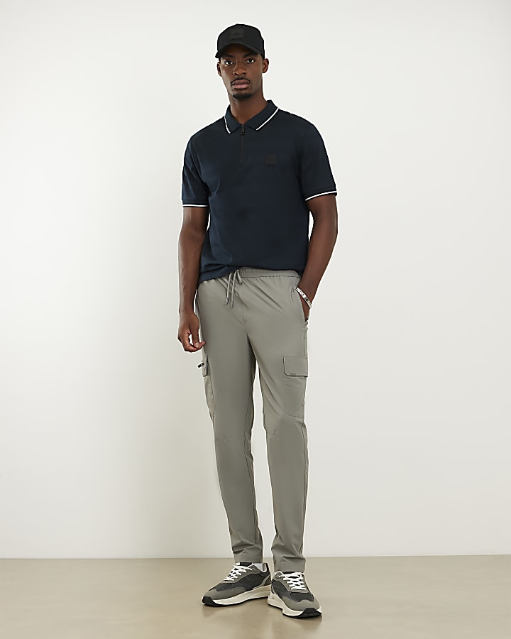 Navy Slim Fit Luminis Badge Stripe Polo Shirt