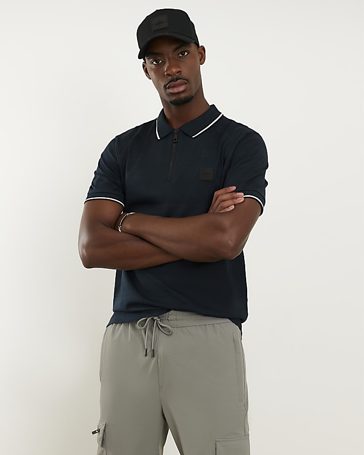 Navy Slim Fit Luminis Badge Stripe Polo Shirt