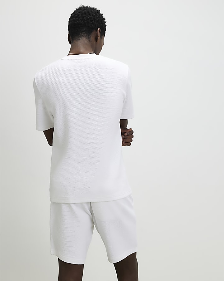 White Slim Fit Textured T-Shirt & Short Set