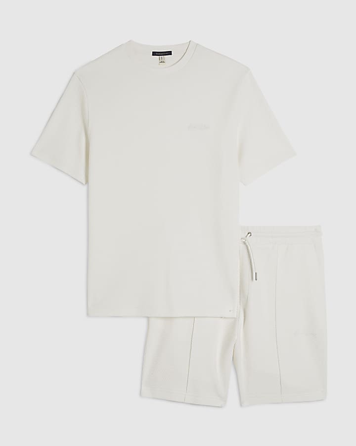 White Slim Fit Textured T-Shirt & Short Set