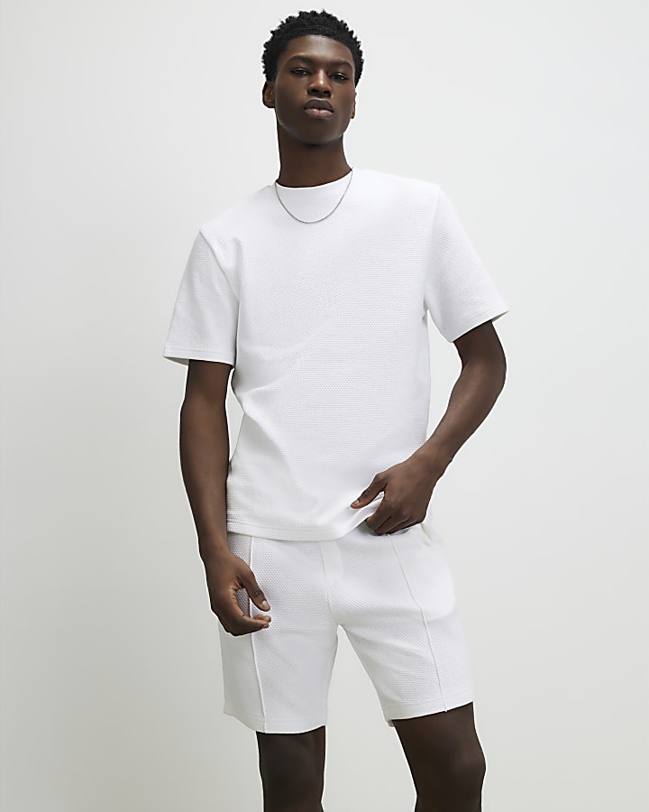 White Slim Fit Textured T-Shirt & Short Set