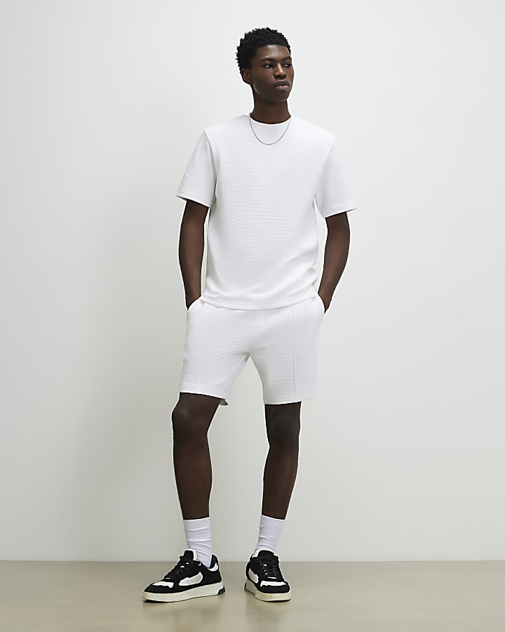 White Slim Fit Textured T-Shirt & Short Set