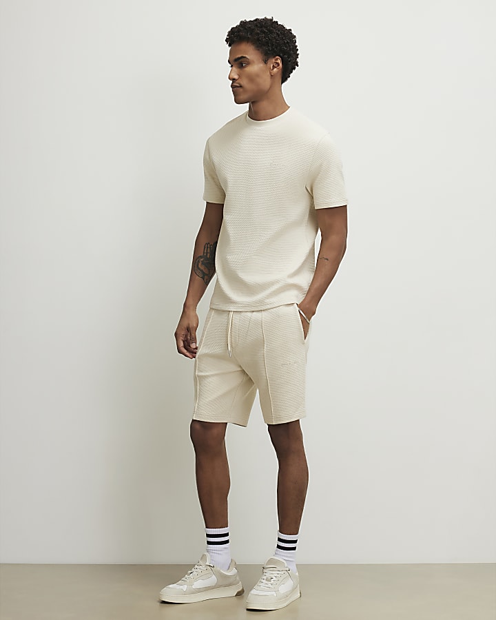 Beige Slim Fit Textured Set