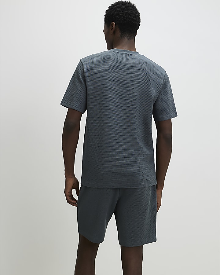 Grey Slim Fit Textured T-Shirt & Short Set
