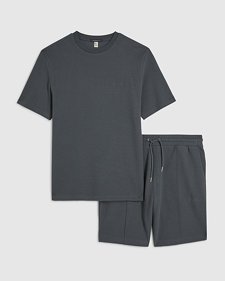 Grey Slim Fit Textured T-Shirt & Short Set