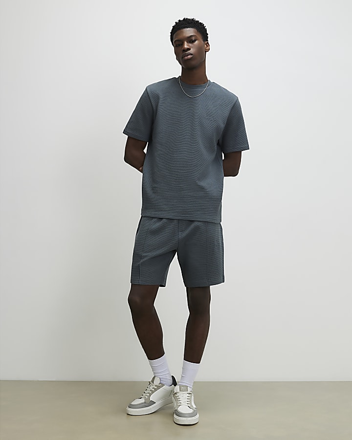 Grey Slim Fit Textured T-Shirt & Short Set