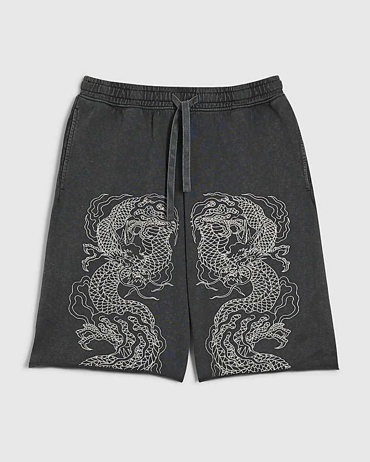 Black Jort Embroidered Japanese Dragon Shorts