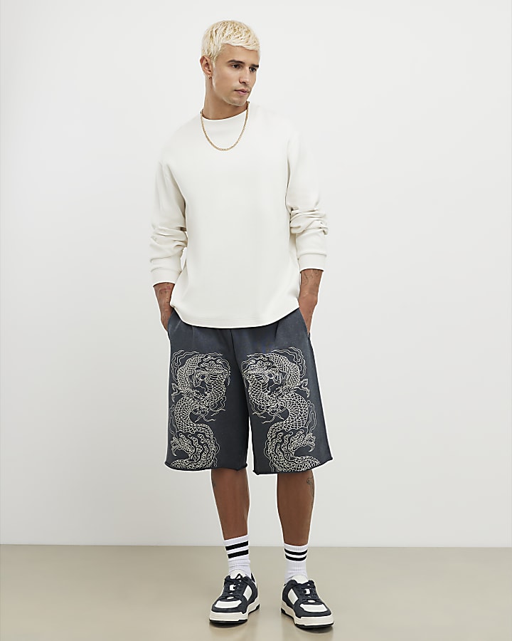 Black Jort Embroidered Japanese Dragon Shorts