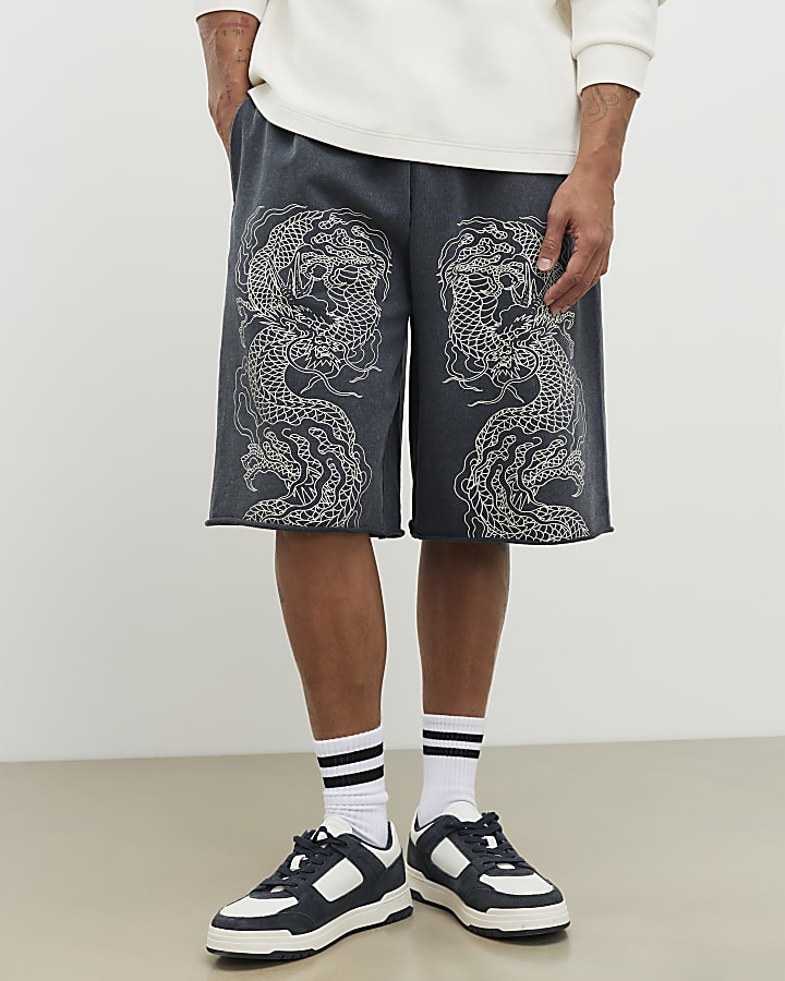 Black Jort Embroidered Japanese Dragon Shorts