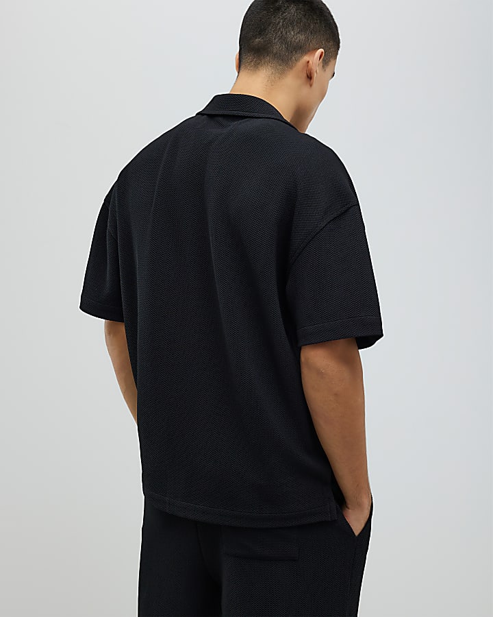 Black Oversized Fit Waffle Shirt