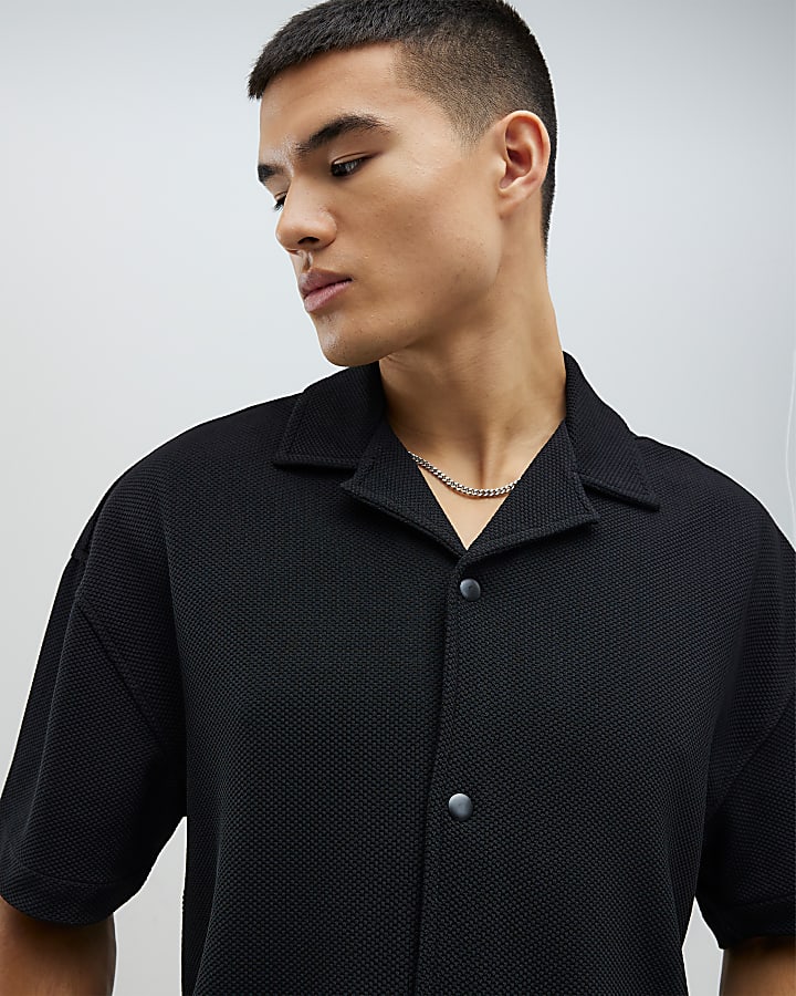 Black Oversized Fit Waffle Shirt