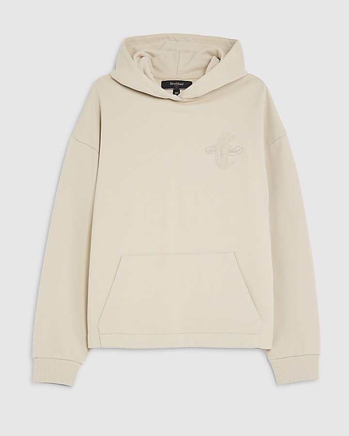 Beige Oversized Fit Wordy Applique Hoodie