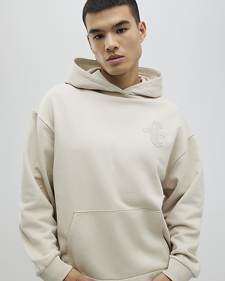 Beige Oversized Fit Wordy Applique Hoodie