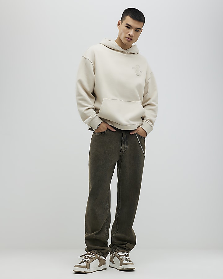 Beige Oversized Fit Wordy Applique Hoodie