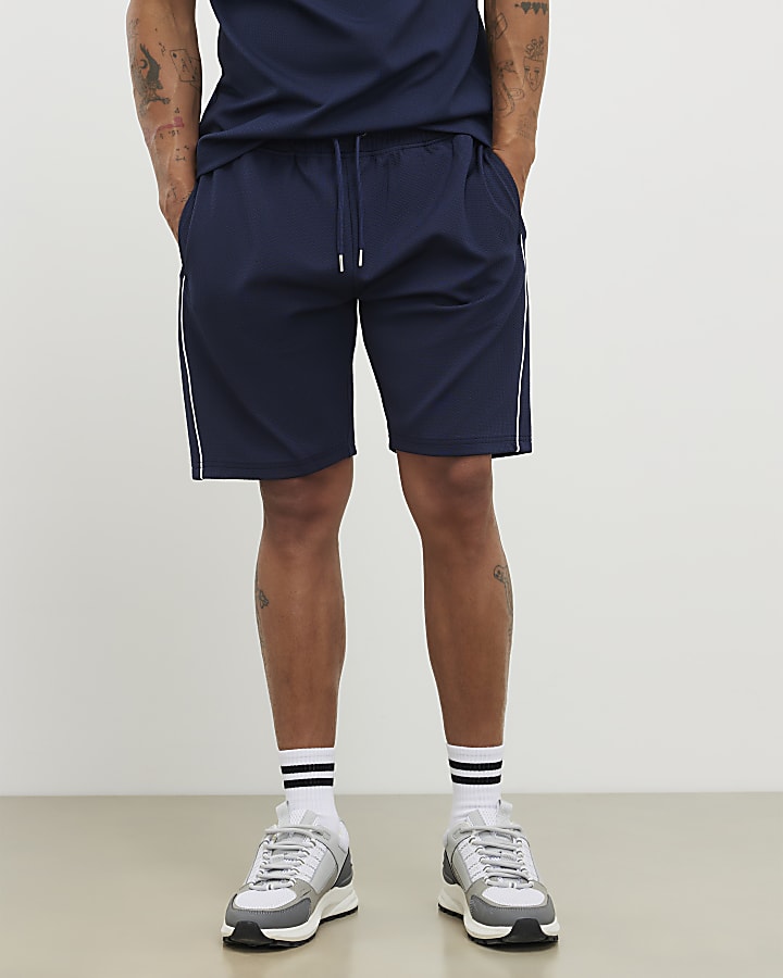 Navy Slim Fit Textured Tipped Shorts