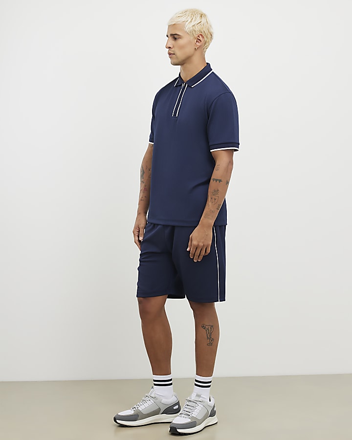 Navy Slim Fit Textured Tipped Shorts