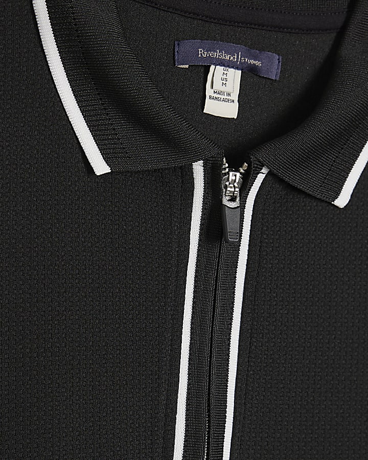 Black Slim Fit Textured Zip Tipped Polo Shirt