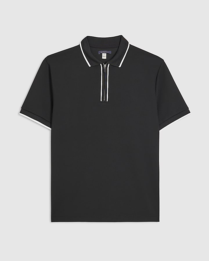 Black Slim Fit Textured Zip Tipped Polo Shirt