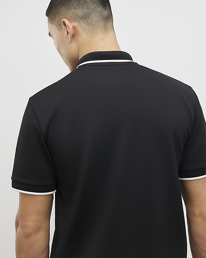 Black Slim Fit Textured Zip Tipped Polo Shirt