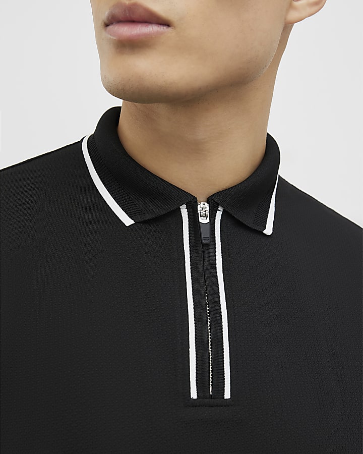 Black Slim Fit Textured Zip Tipped Polo Shirt