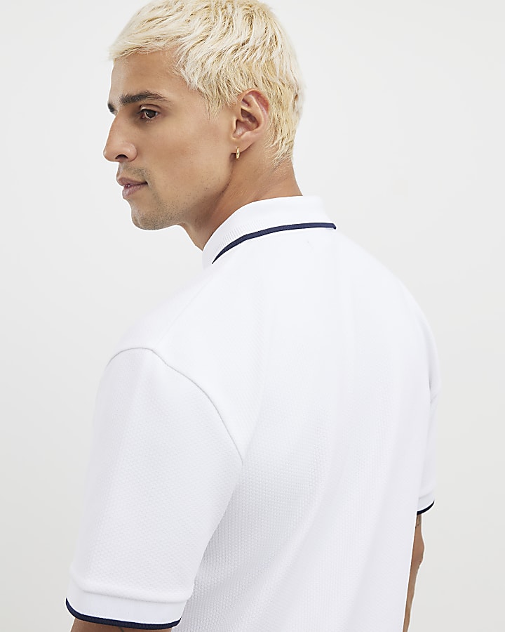 White Slim Fit Textured Zip Tipped Polo Shirt