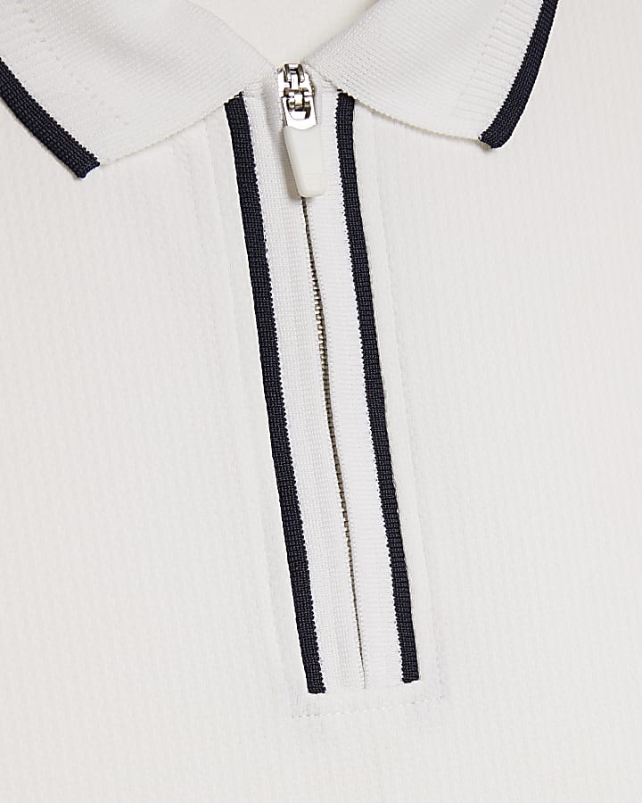 White Slim Fit Textured Zip Tipped Polo Shirt