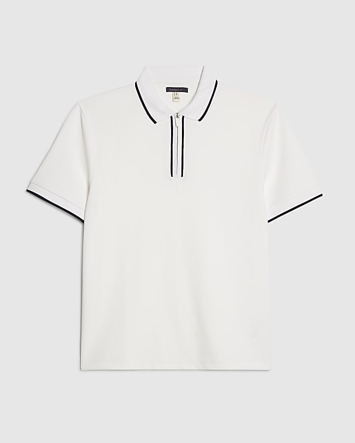 White Slim Fit Textured Zip Tipped Polo Shirt