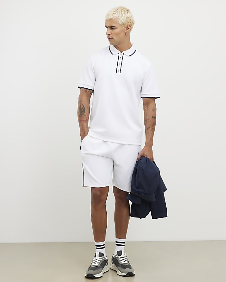 White Slim Fit Textured Zip Tipped Polo Shirt