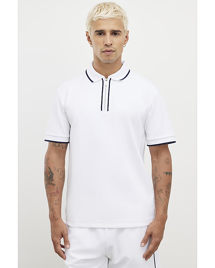 White Slim Fit Textured Zip Tipped Polo Shirt