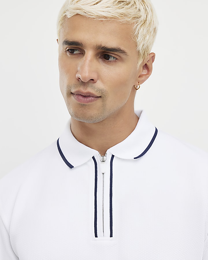 White Slim Fit Textured Zip Tipped Polo Shirt