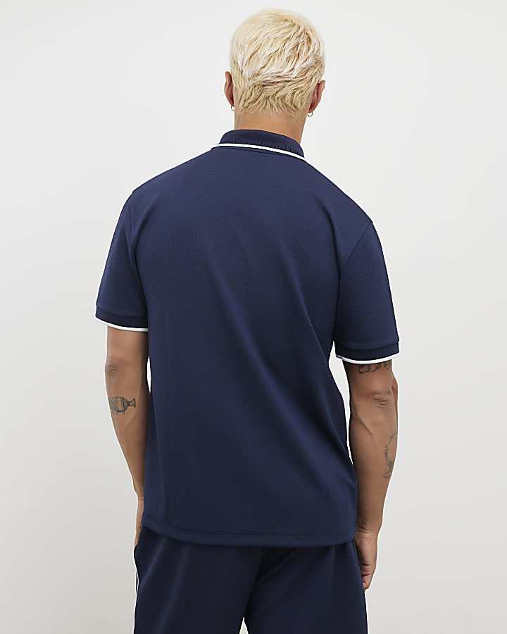 Navy Slim Fit Textured Zip Tipped Polo Shirt