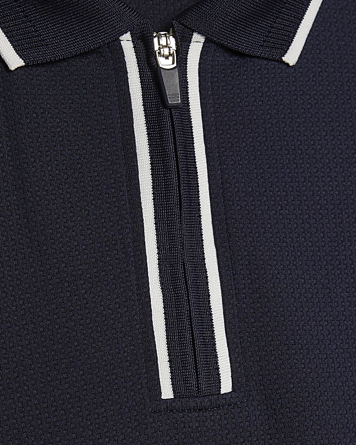 Navy Slim Fit Textured Zip Tipped Polo Shirt