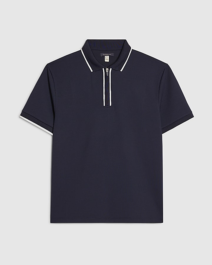 Navy Slim Fit Textured Zip Tipped Polo Shirt