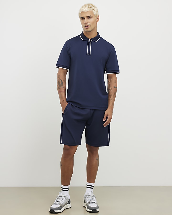 Navy Slim Fit Textured Zip Tipped Polo Shirt