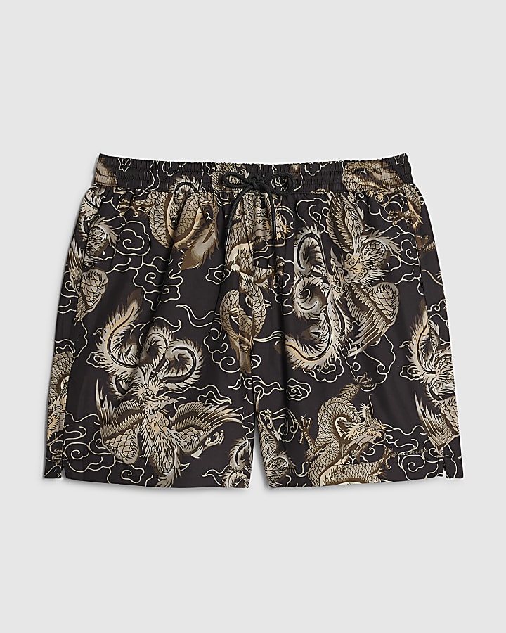 Black Regular Length Printed Swim Short