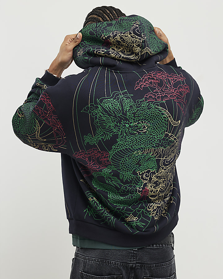 Black Oversized Fit Serenity Dragon Hoodie