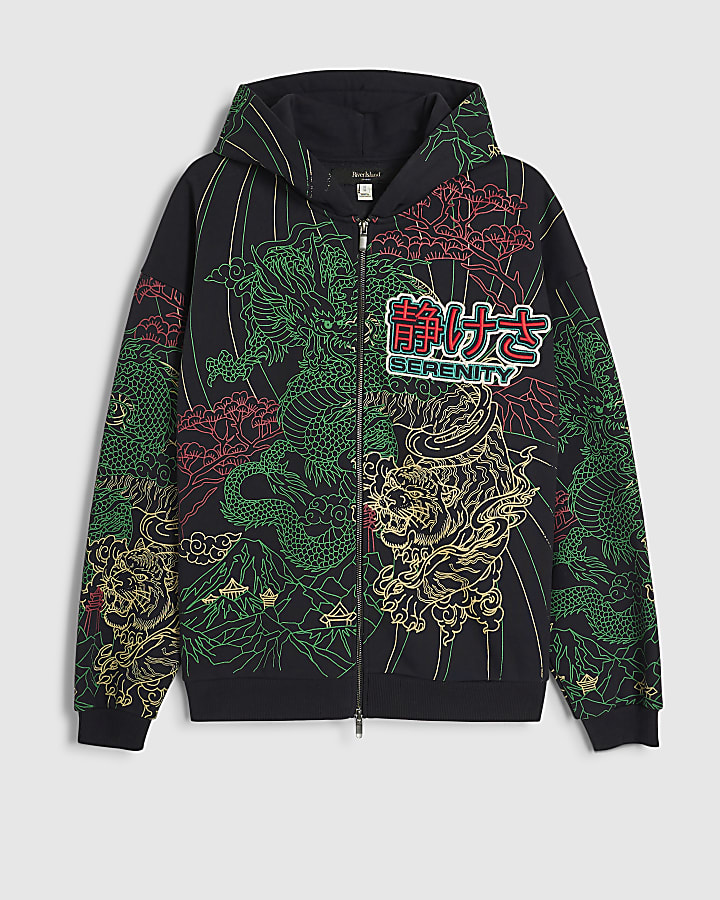 Black Oversized Fit Serenity Dragon Hoodie