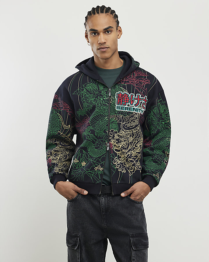 Black Oversized Fit Serenity Dragon Hoodie