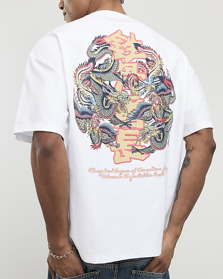 White Oversized Fit Dragon Graffiti T-Shirt