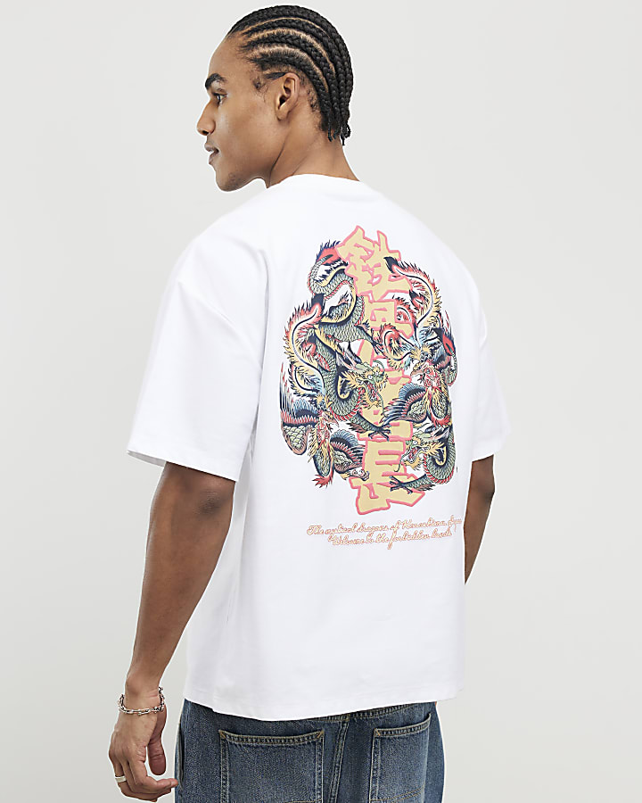 White Oversized Fit Dragon Graffiti T-Shirt