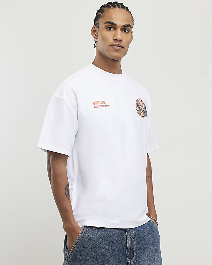 White Oversized Fit Dragon Graffiti T-Shirt
