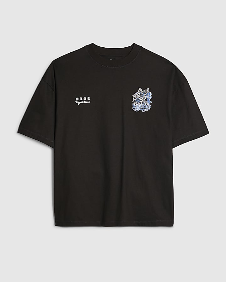Black Oversized Fit Japanese Print T-Shirt