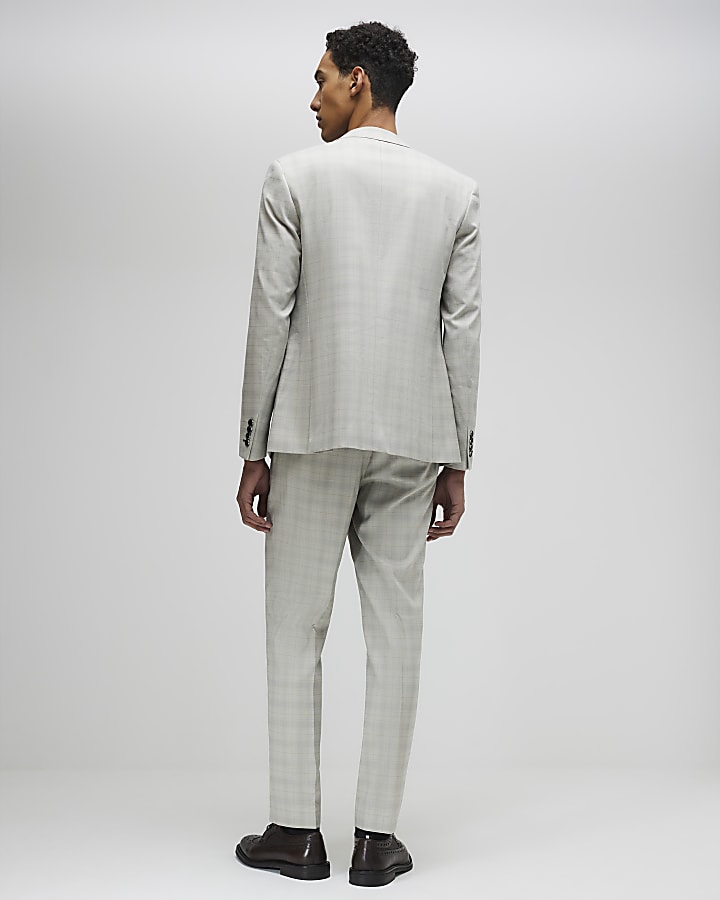 Beige Skinny Fit Check Suit Trousers