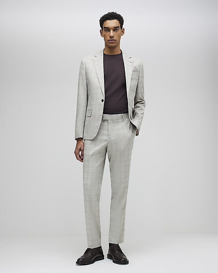 Beige Skinny Fit Check Suit Trousers